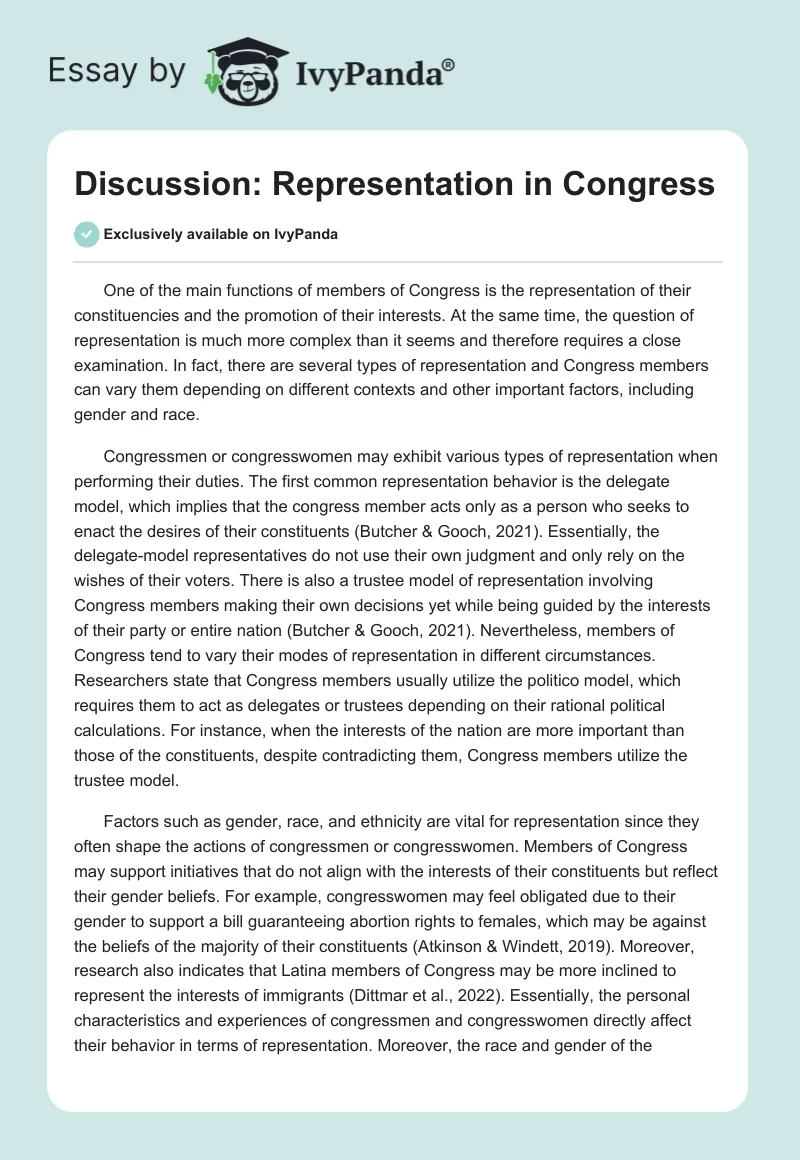 Discussion: Representation in Congress. Page 1