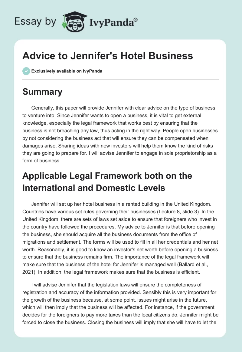 Advice to Jennifer's Hotel Business. Page 1