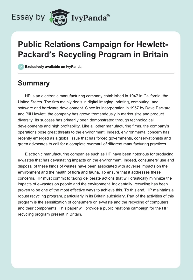 Public Relations Campaign for Hewlett-Packard’s Recycling Program in Britain. Page 1