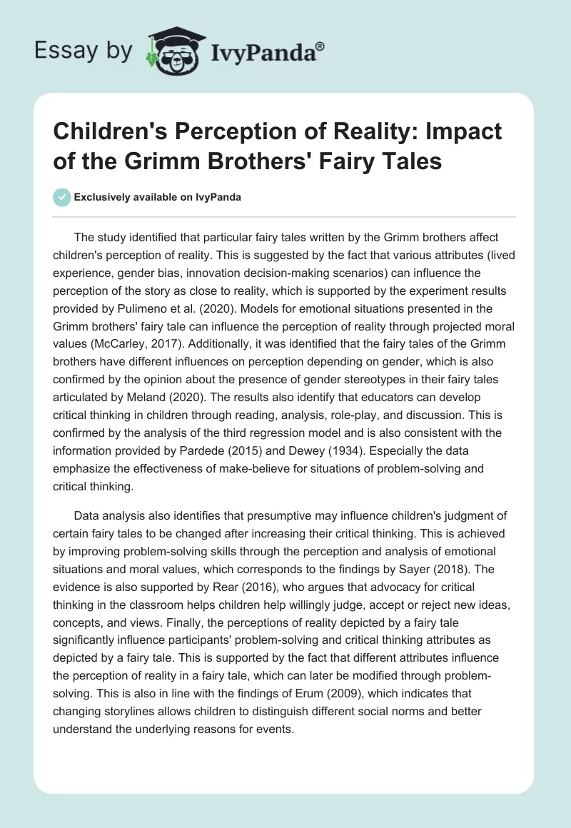 Children's Perception of Reality: Impact of the Grimm Brothers' Fairy Tales. Page 1