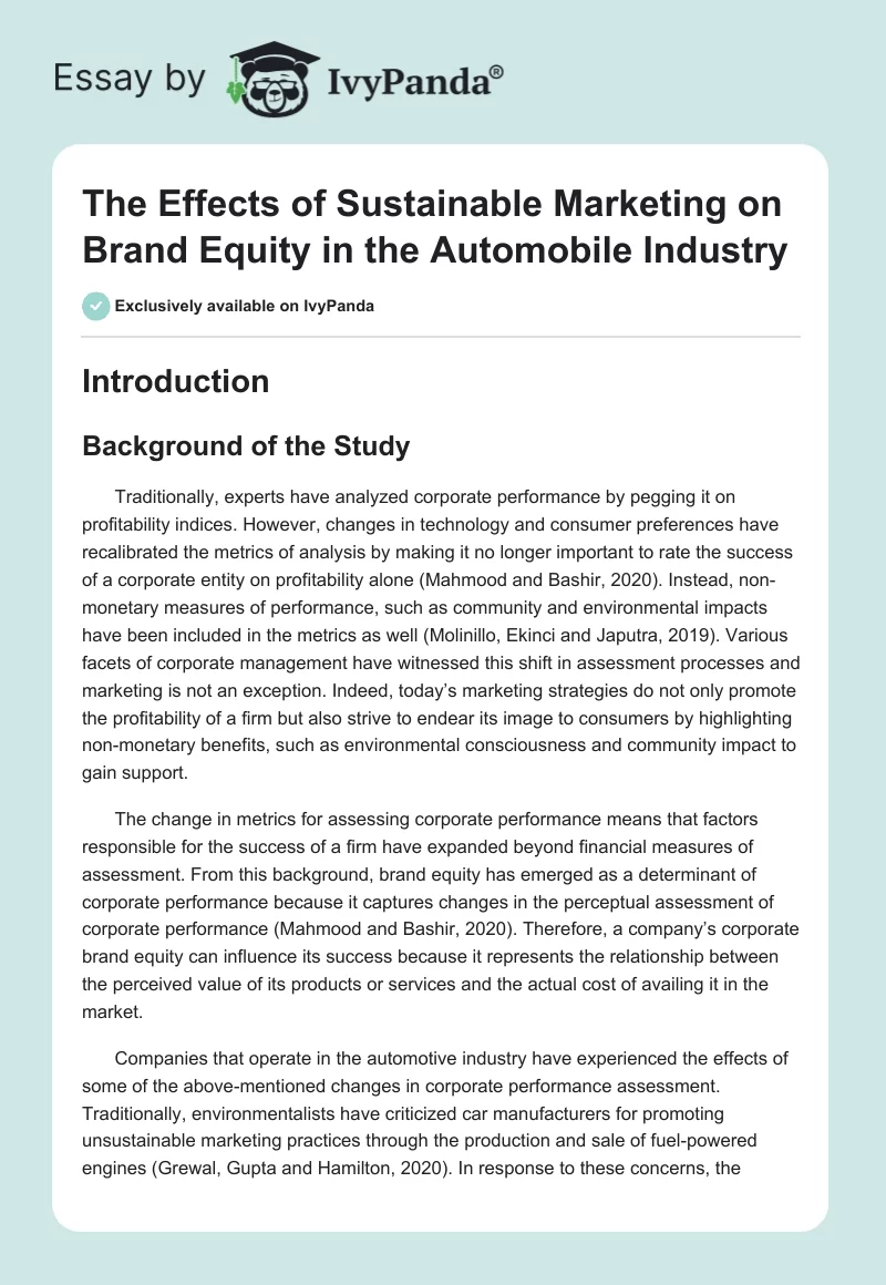 The Effects of Sustainable Marketing on Brand Equity in the Automobile Industry. Page 1