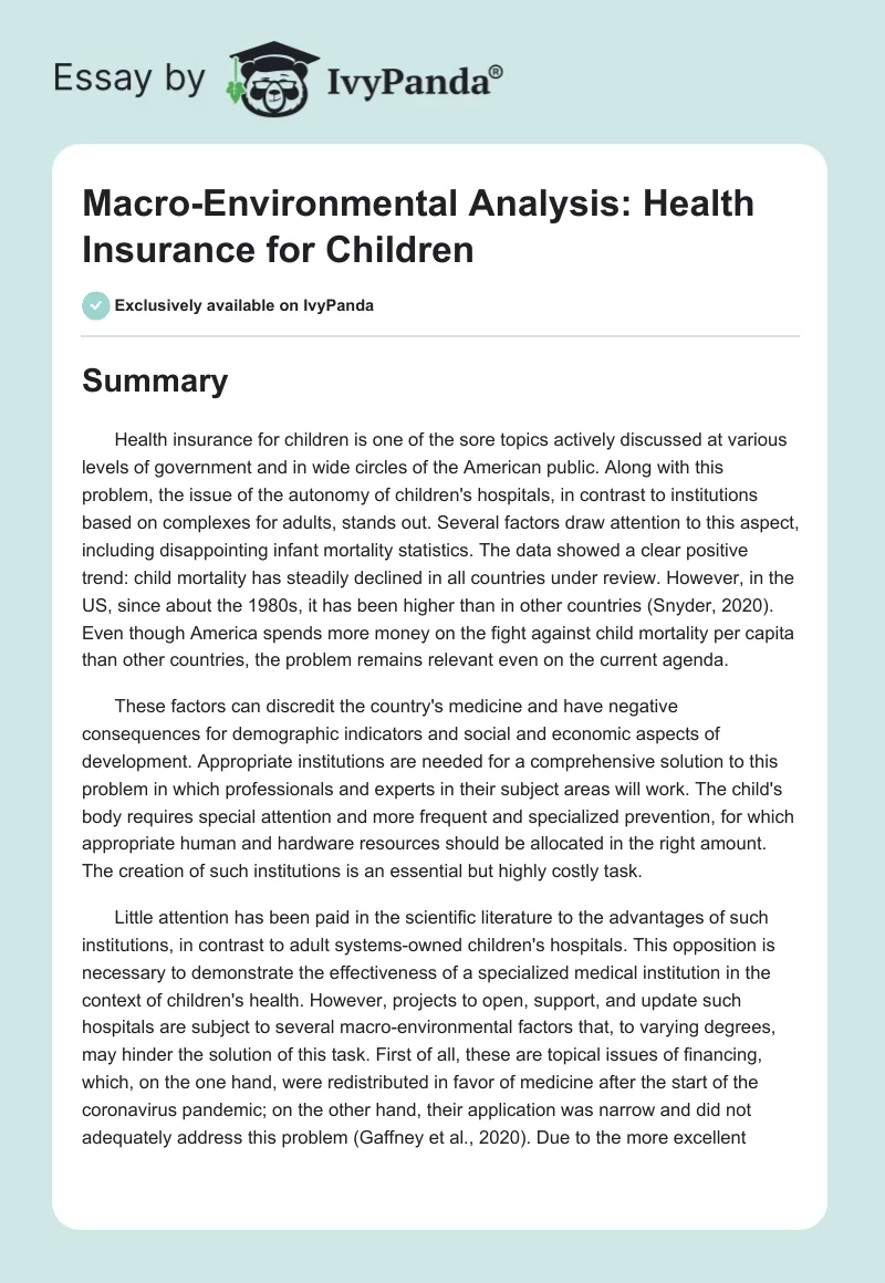 Macro-Environmental Analysis: Health Insurance for Children. Page 1