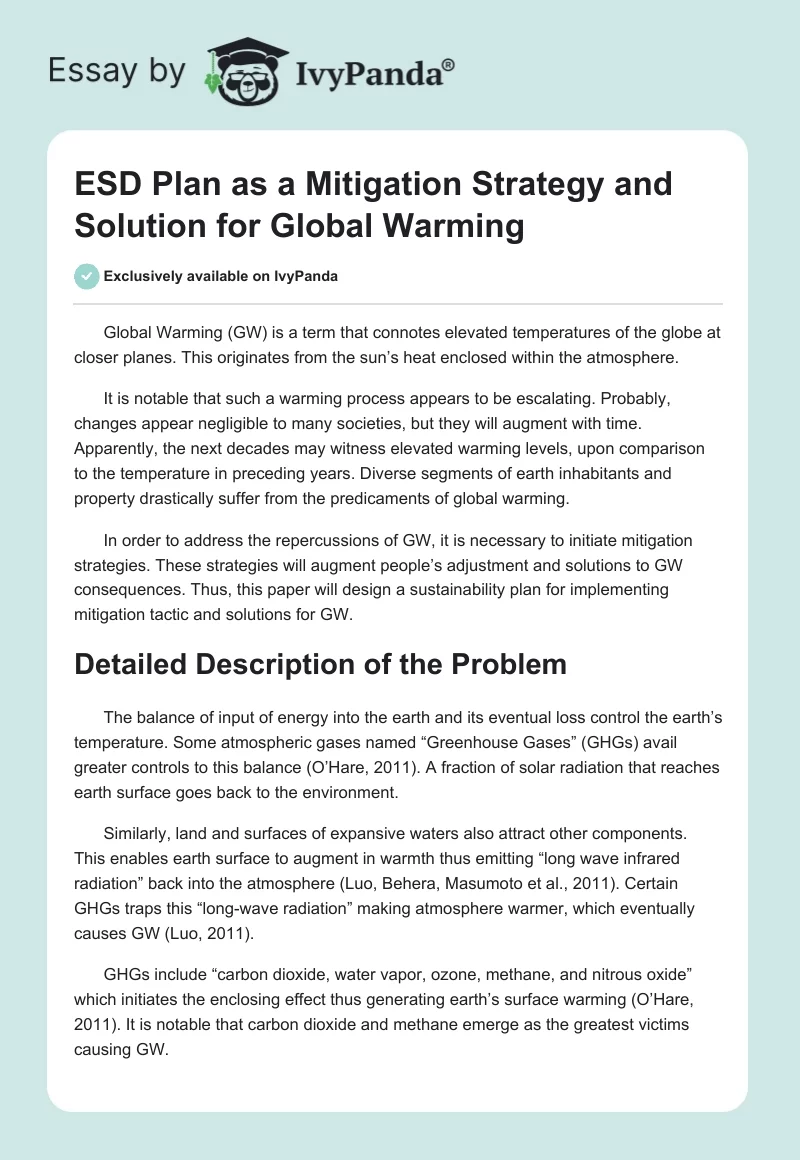 ESD Plan as a Mitigation Strategy and Solution for Global Warming. Page 1