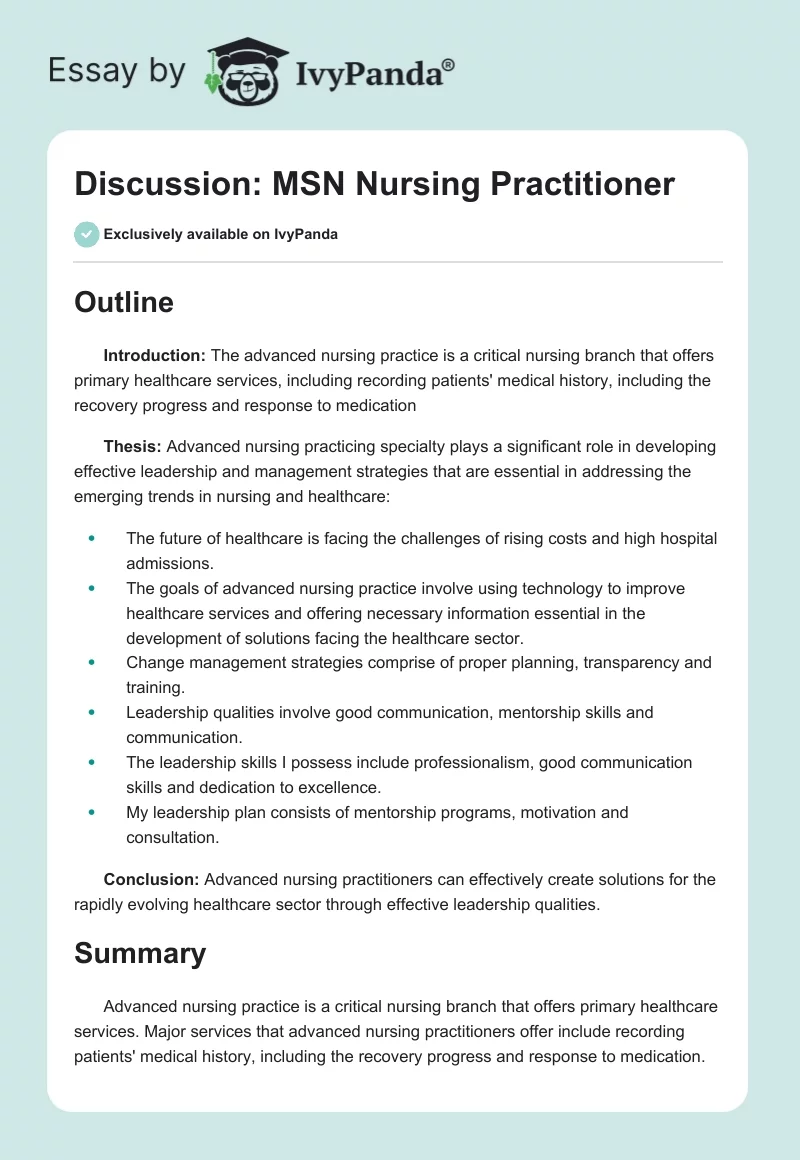 Discussion: MSN Nursing Practitioner. Page 1