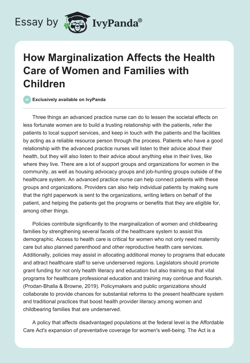 How Marginalization Affects the Health Care of Women and Families with Children. Page 1