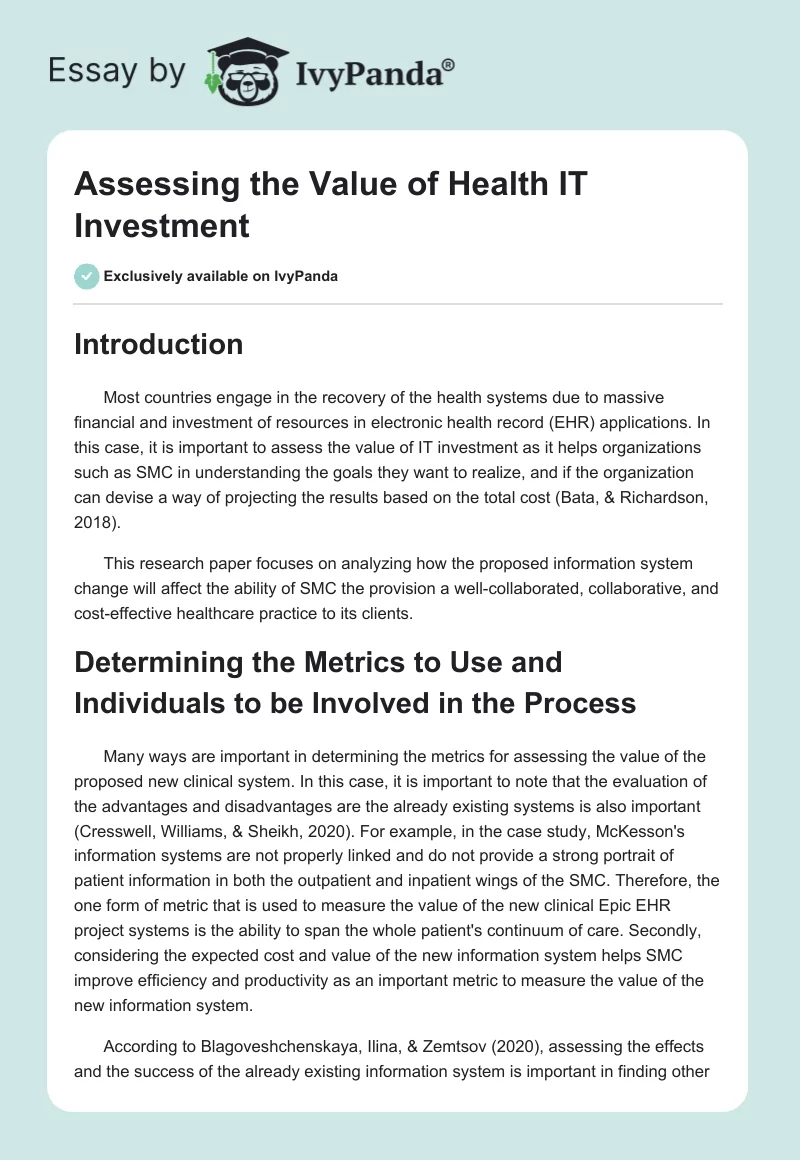 Assessing the Value of Health IT Investment. Page 1