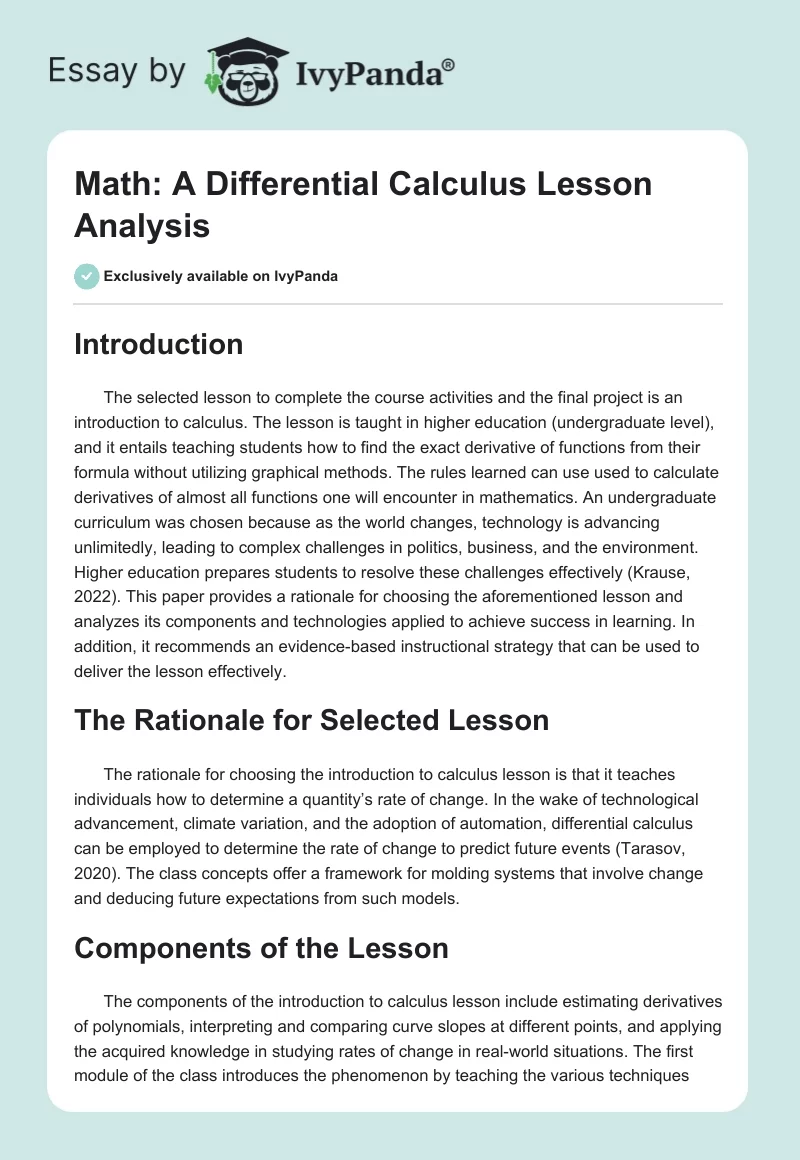 Math: A Differential Calculus Lesson Analysis. Page 1
