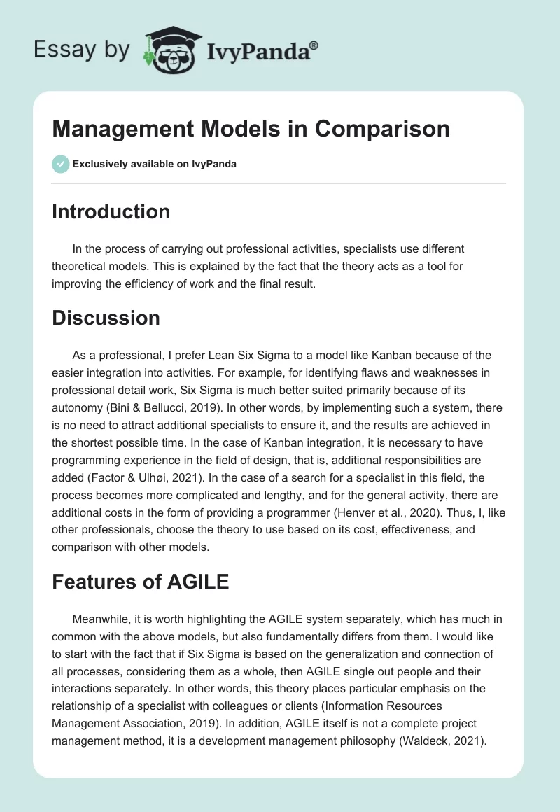 Management Models in Comparison - 398 Words | Essay Example