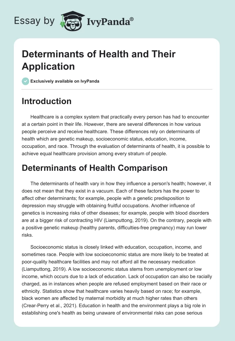 Determinants of Health and Their Application. Page 1