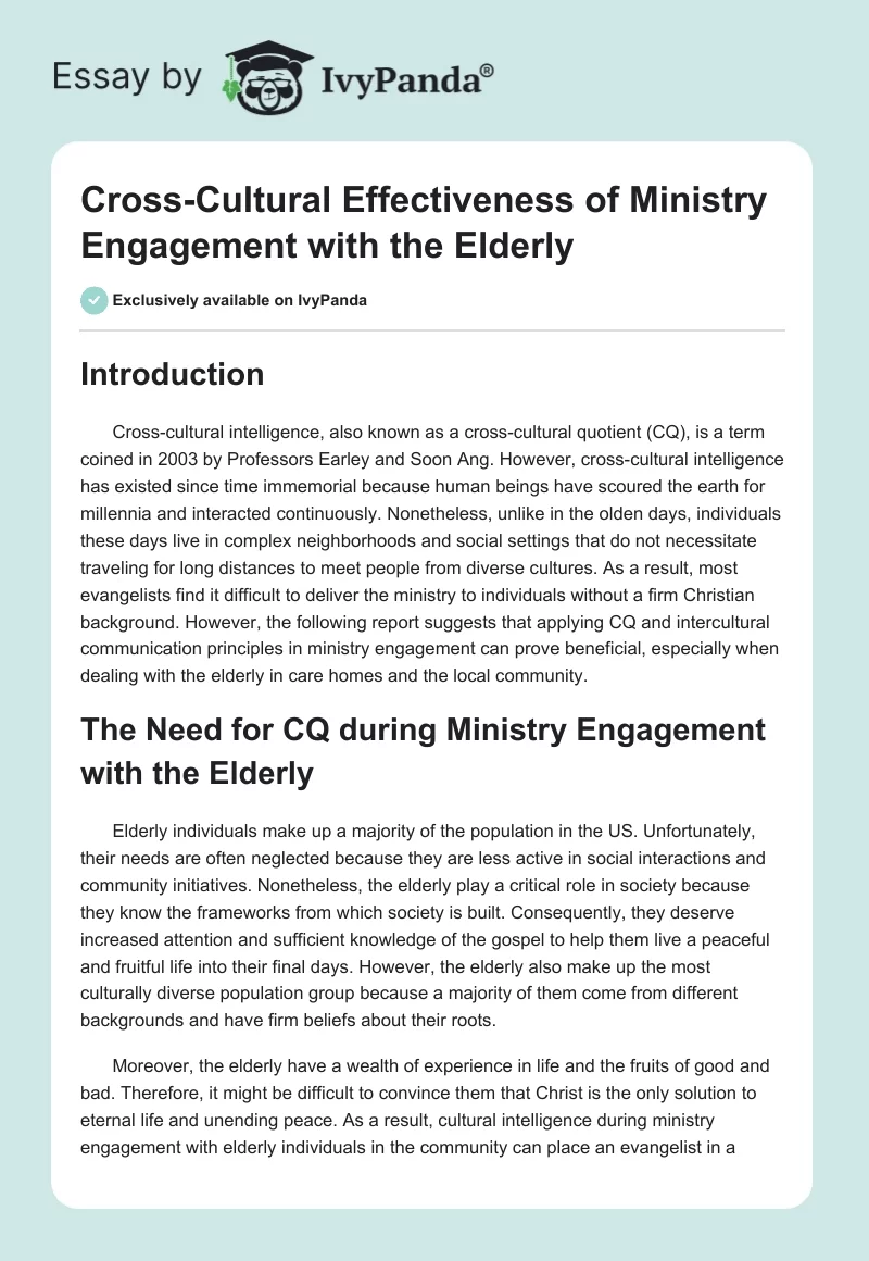 Cross-Cultural Effectiveness of Ministry Engagement with the Elderly. Page 1