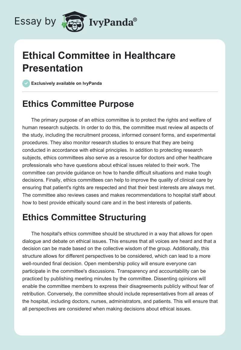 Ethical Committee in Healthcare Presentation. Page 1