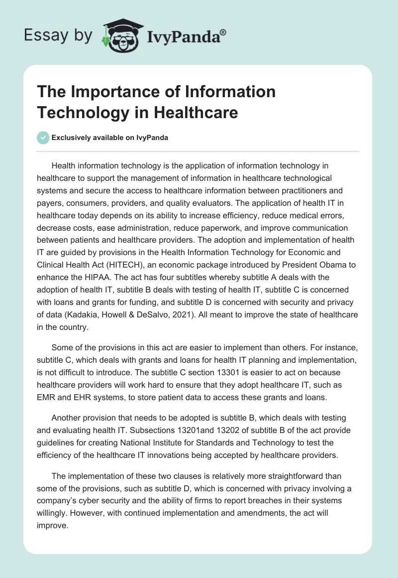 The Importance of Information Technology in Healthcare. Page 1
