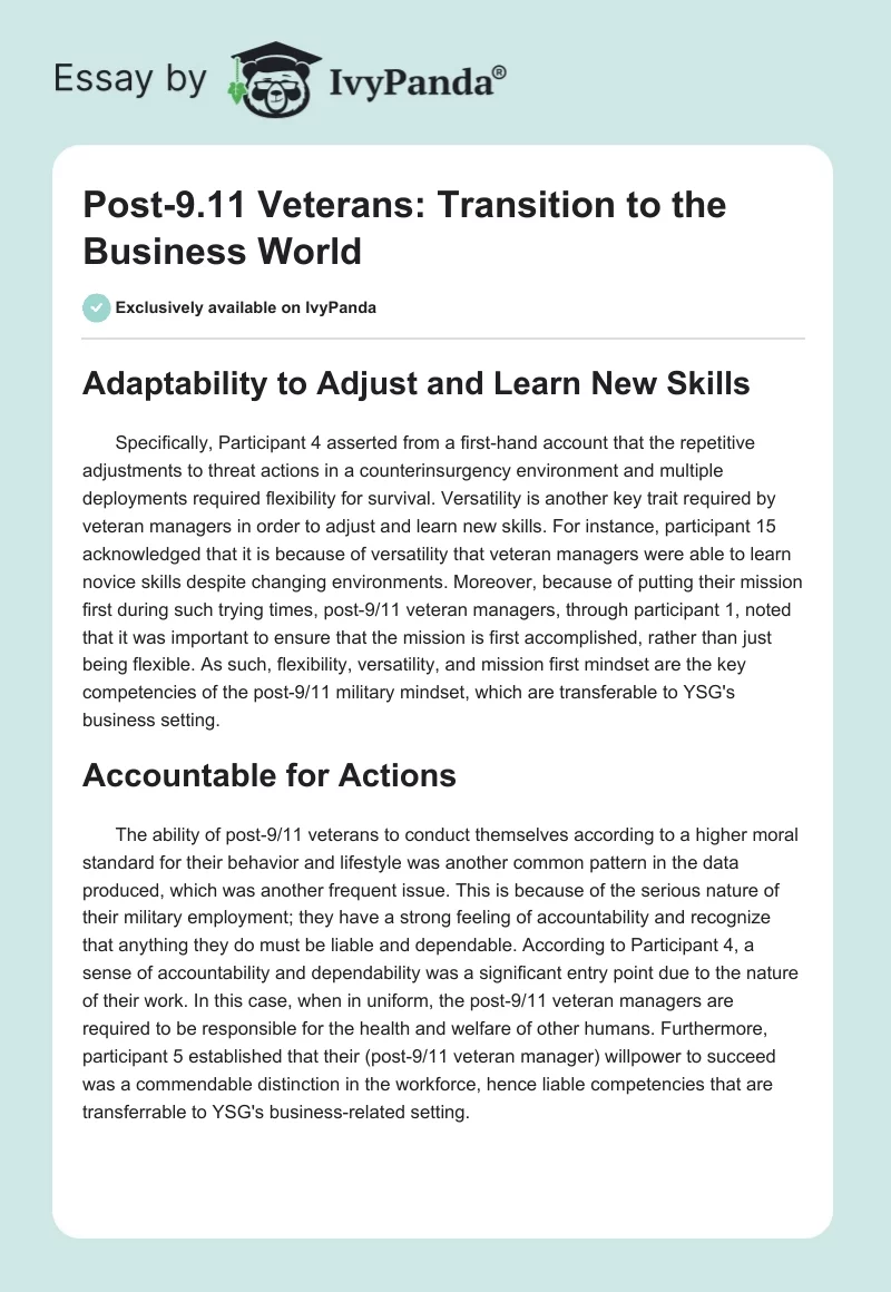 Post-9/11 Veterans: Transition to the Business World. Page 1