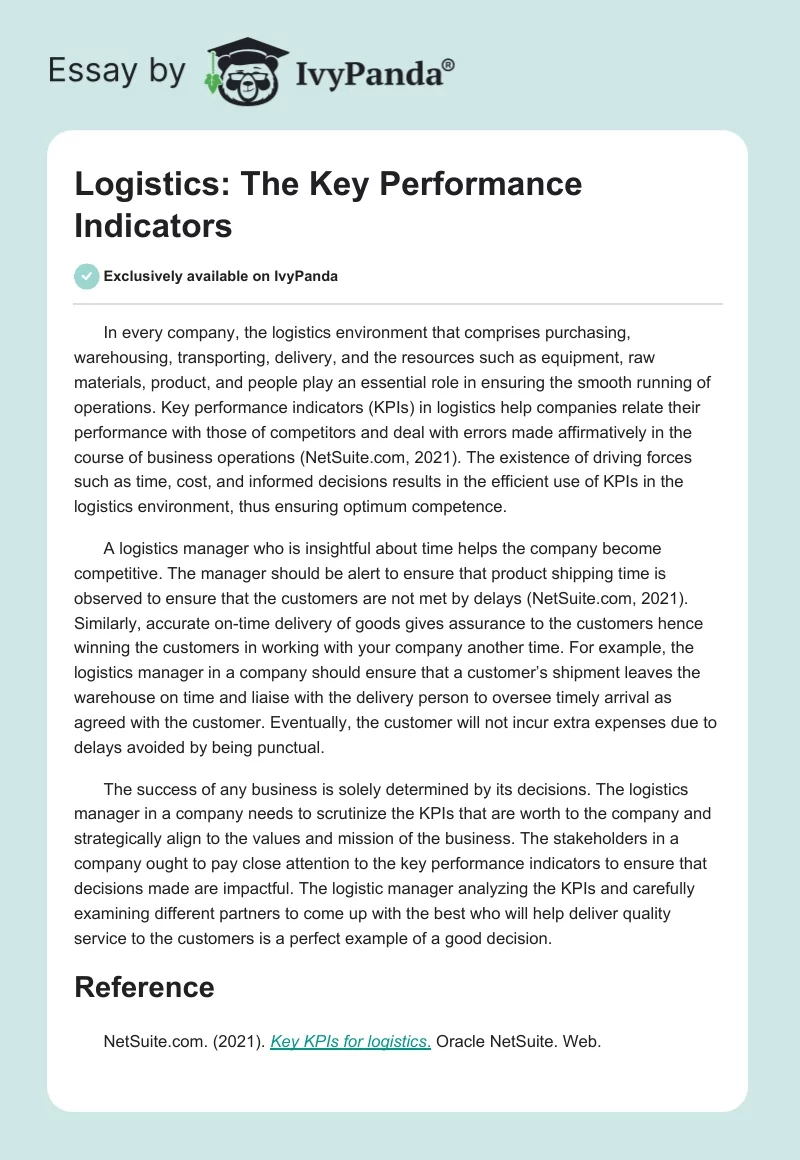 Logistics: The Key Performance Indicators. Page 1
