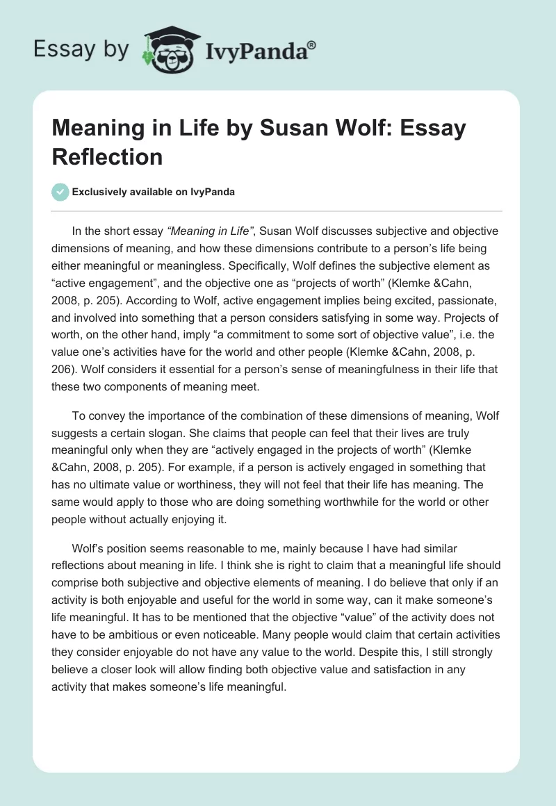 Meaning in Life by Susan Wolf: Essay Reflection. Page 1