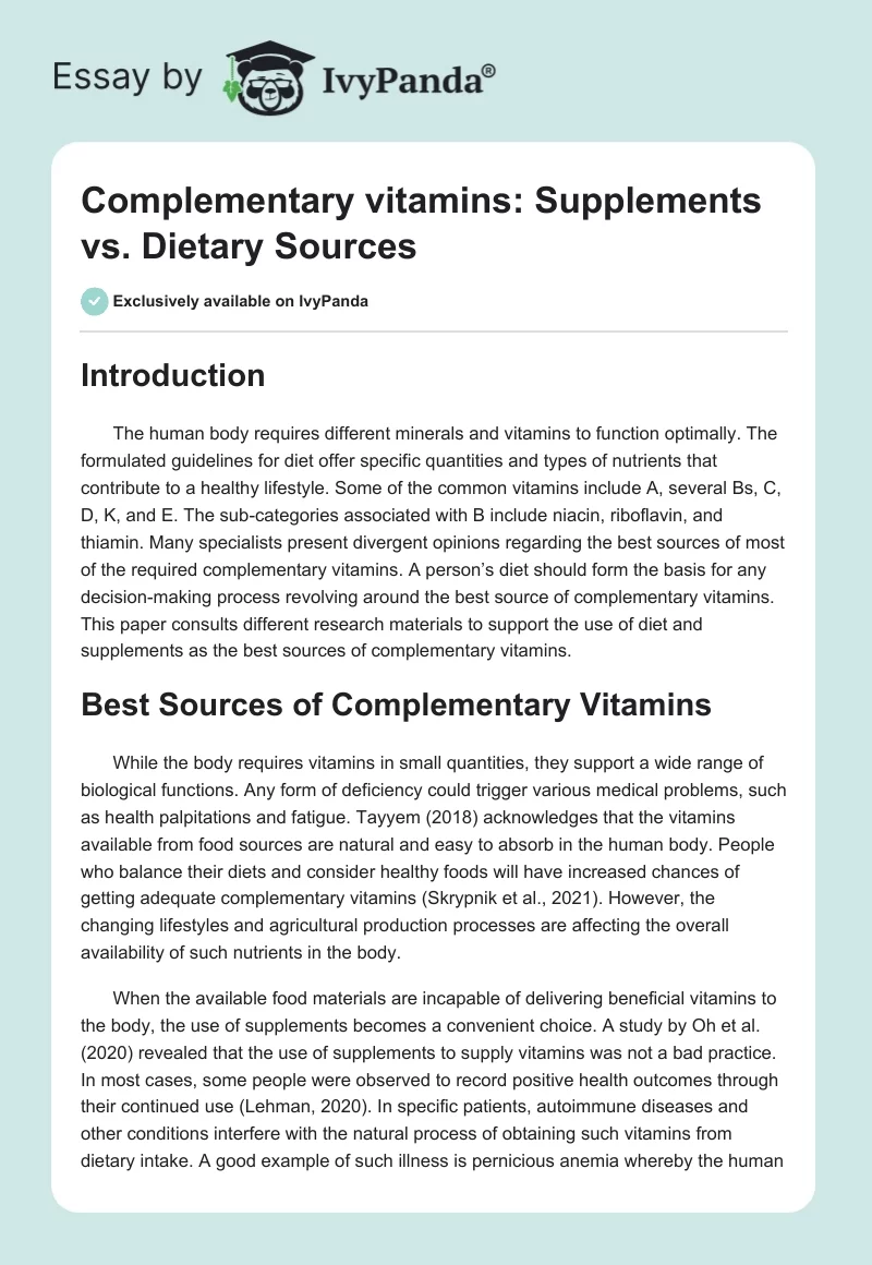 Complementary Vitamins: Supplements vs. Dietary Sources. Page 1