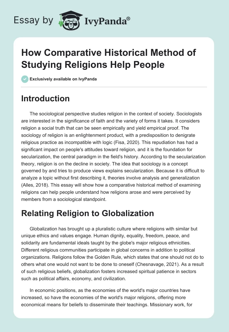 How Comparative Historical Method of Studying Religions Help People. Page 1