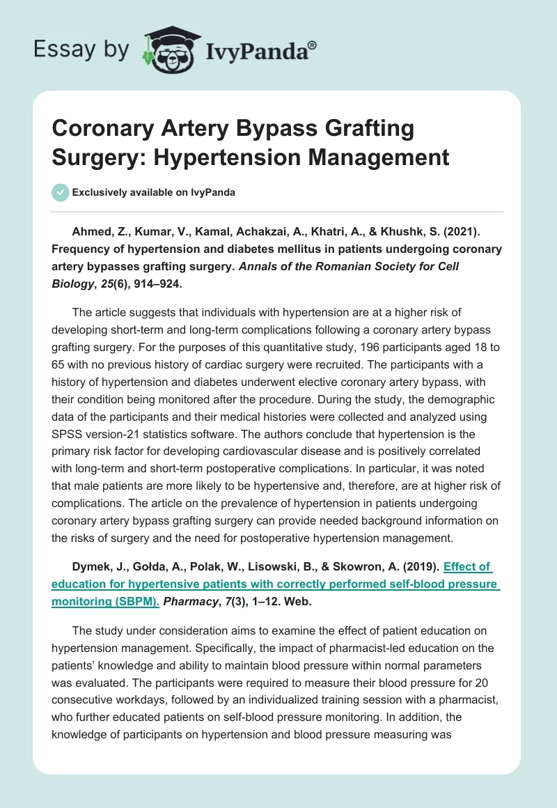 Coronary Artery Bypass Grafting Surgery: Hypertension Management. Page 1