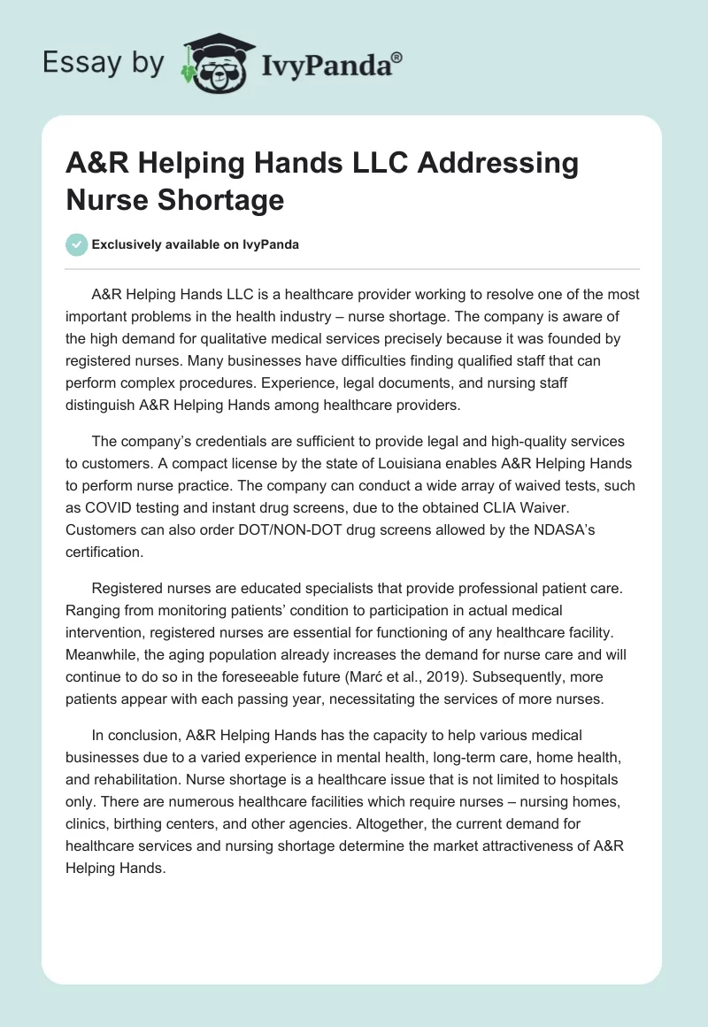 A&R Helping Hands LLC Addressing Nurse Shortage. Page 1