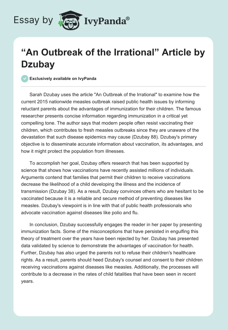 “An Outbreak of the Irrational” Article by Dzubay. Page 1