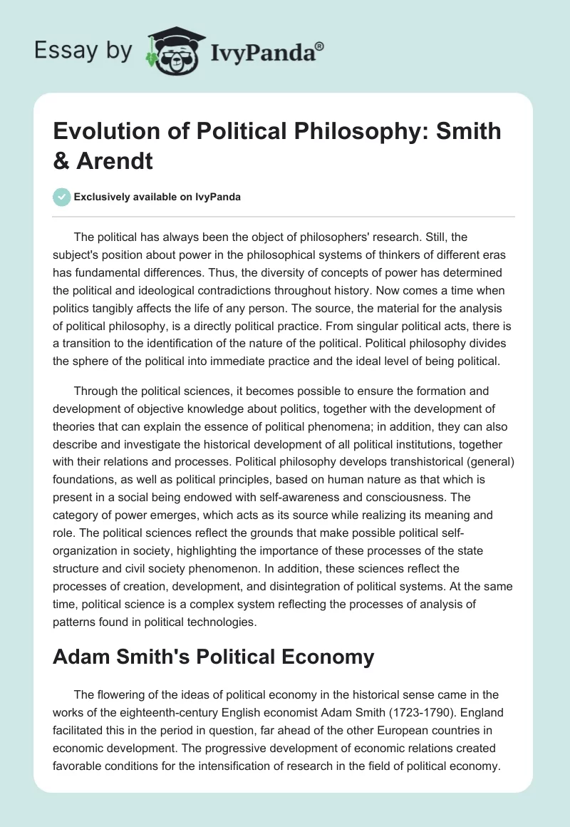 Evolution of Political Philosophy: Smith & Arendt. Page 1