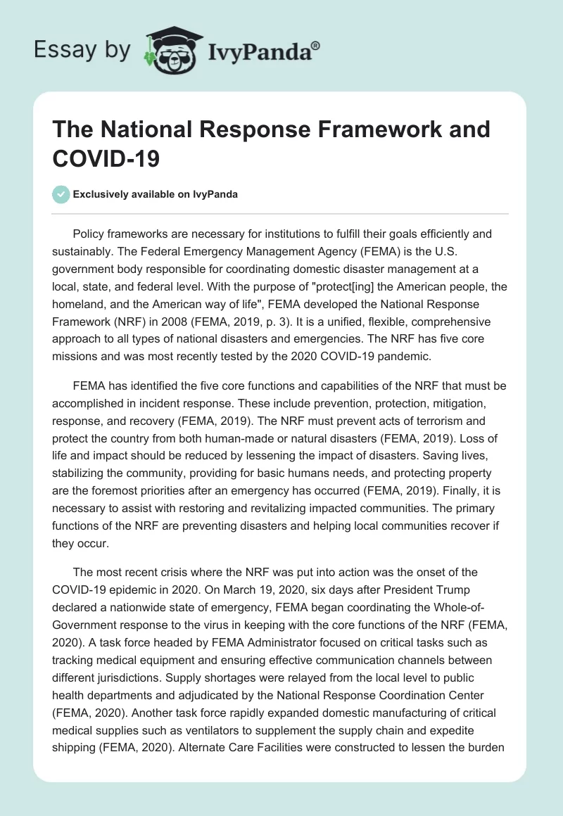 The National Response Framework and COVID-19. Page 1