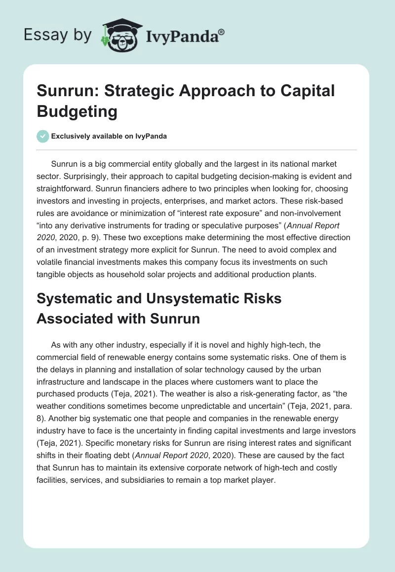 Sunrun: Strategic Approach to Capital Budgeting. Page 1