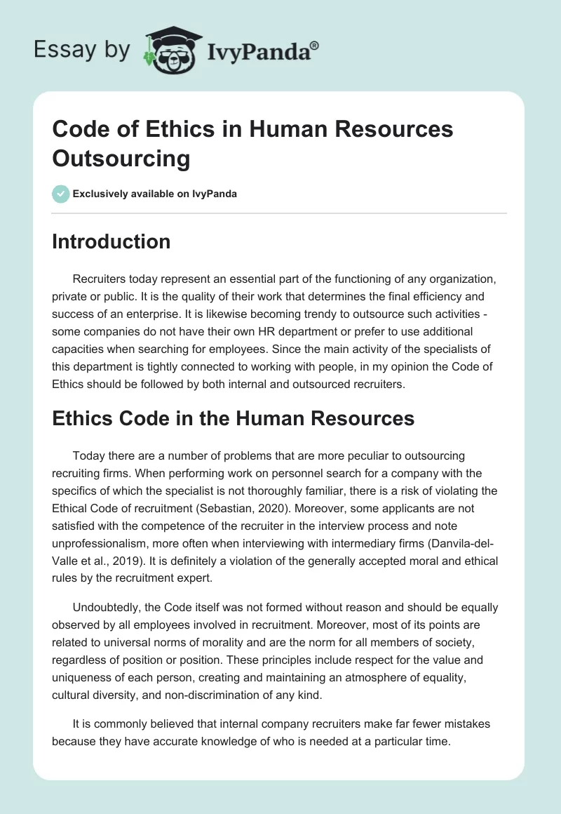 Code of Ethics in Human Resources Outsourcing. Page 1