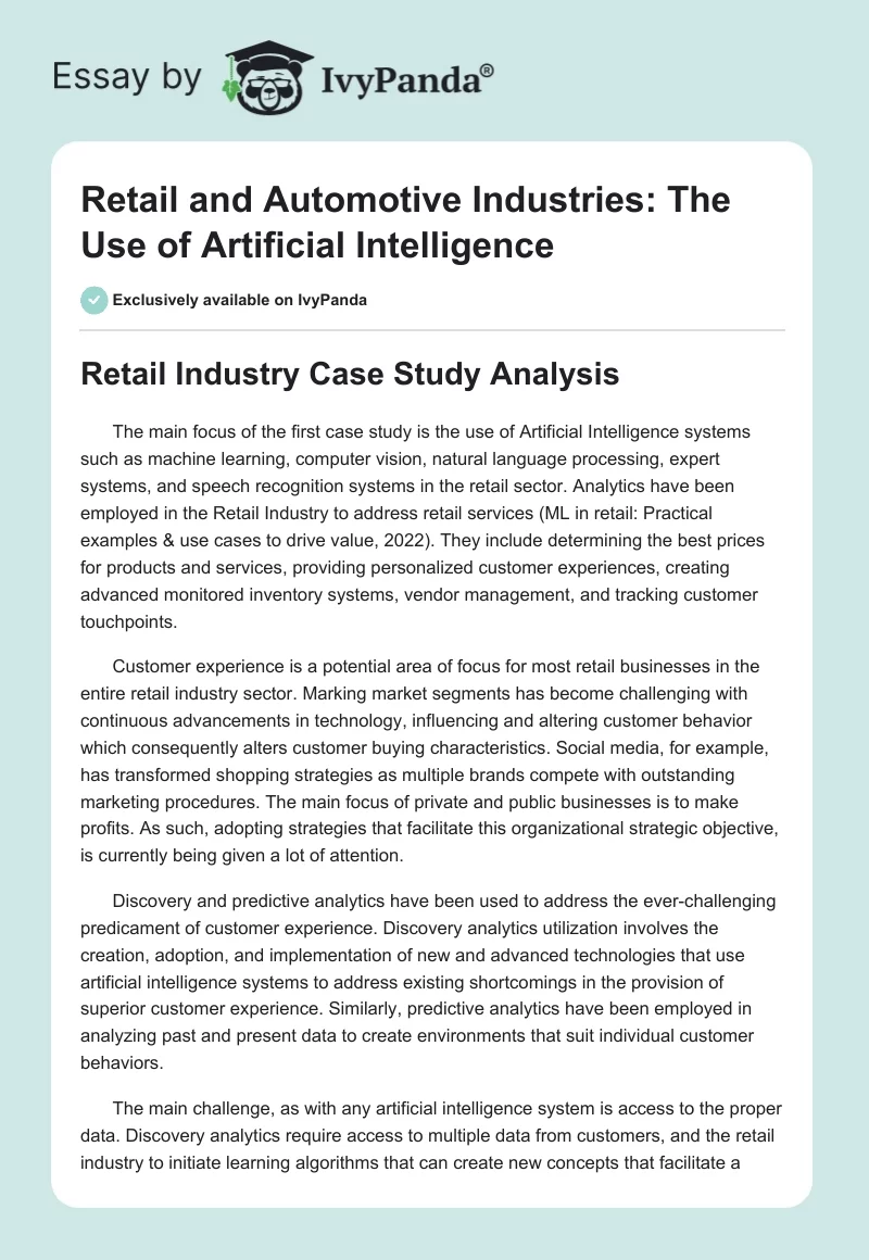 Retail and Automotive Industries: The Use of Artificial Intelligence. Page 1