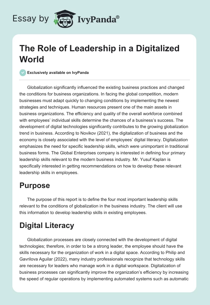 The Role of Leadership in a Digitalized World. Page 1