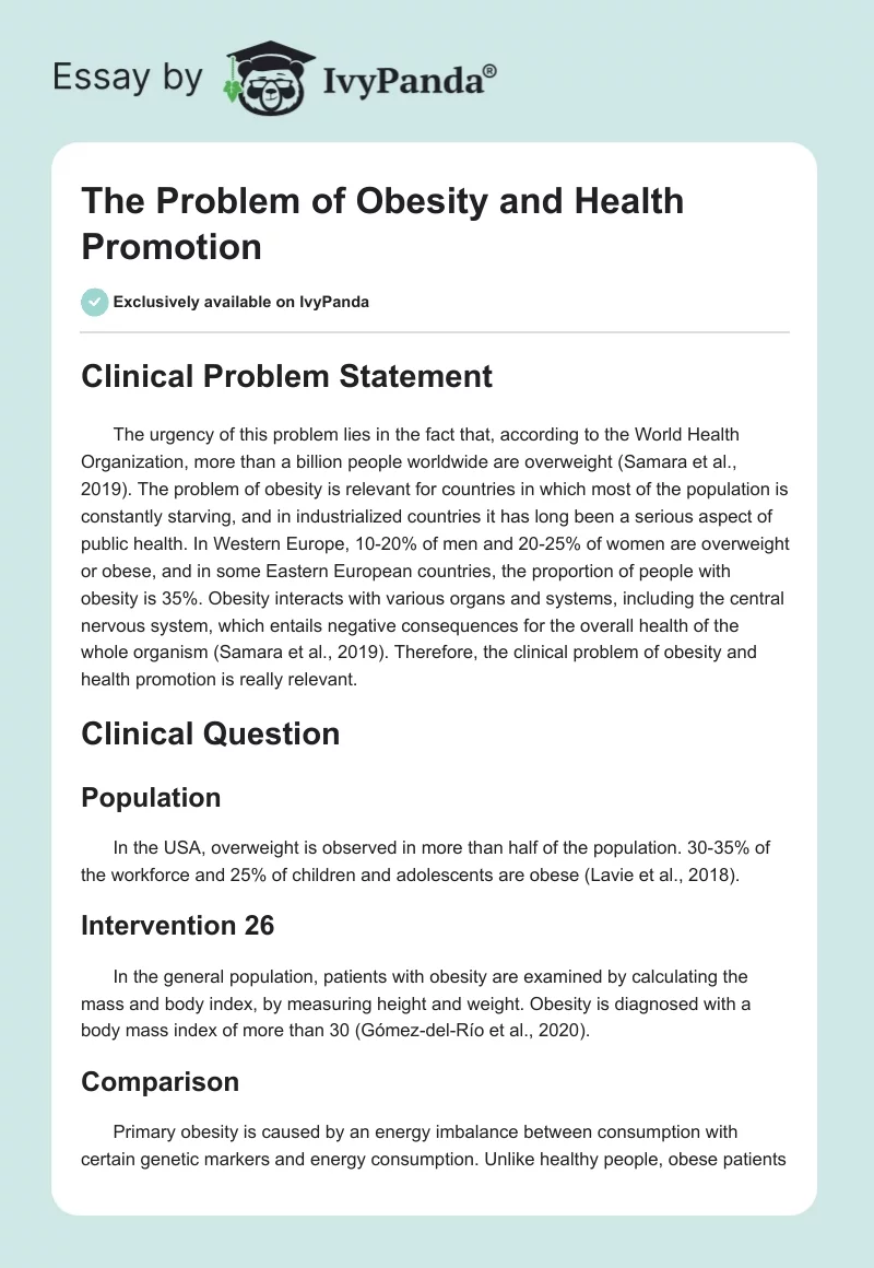 The Problem of Obesity and Health Promotion. Page 1
