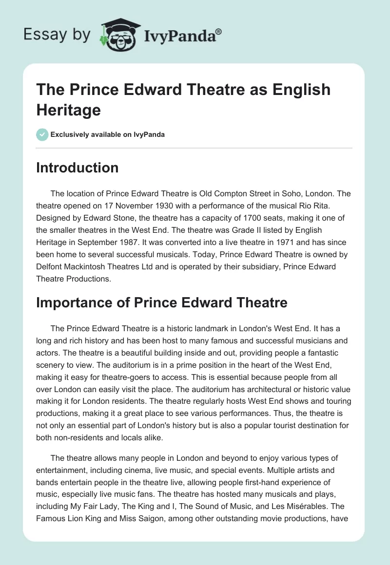 The Prince Edward Theatre as English Heritage. Page 1