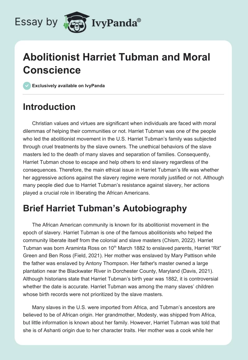 Abolitionist Harriet Tubman and Moral Conscience. Page 1