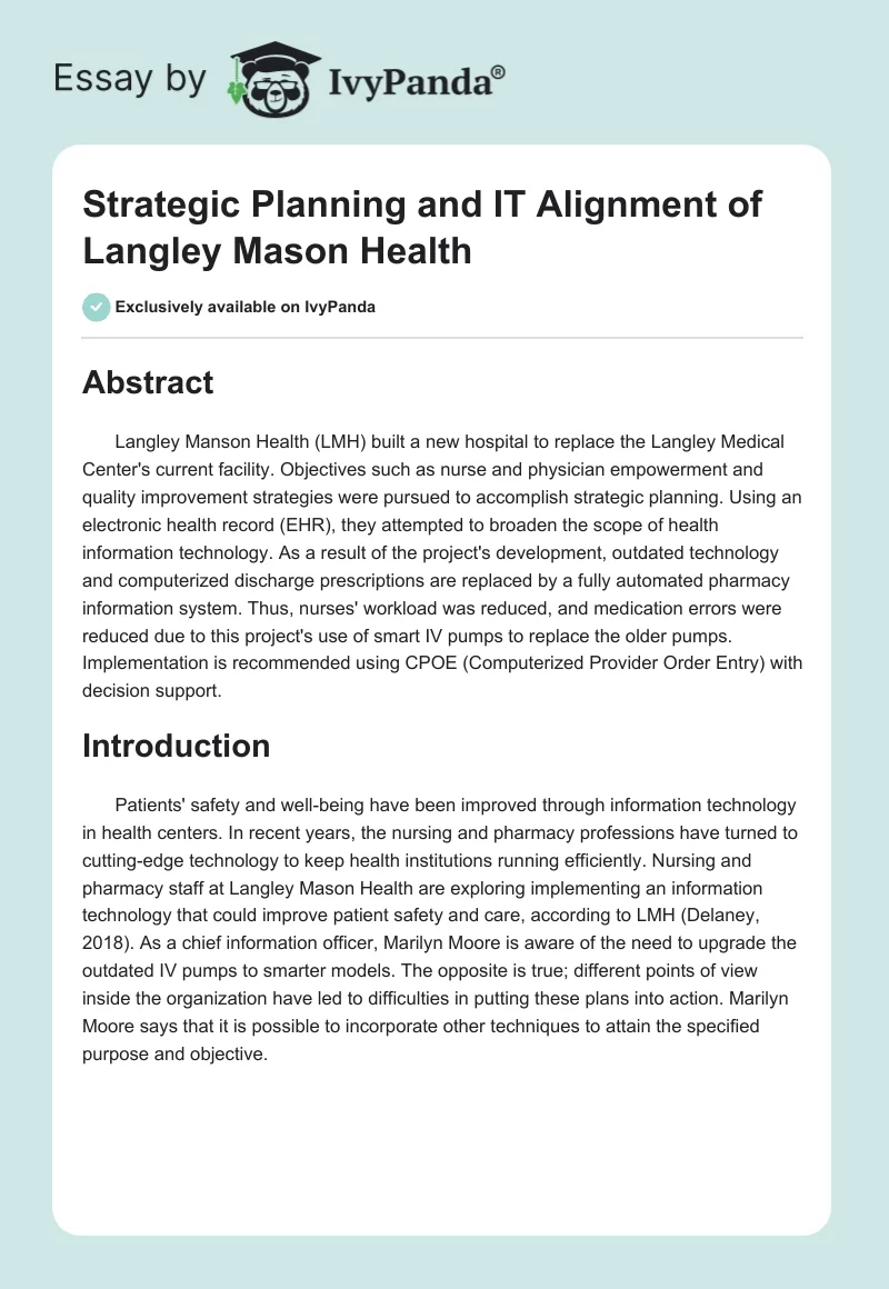 Strategic Planning of Langley Mason Health - 950 Words | Case Study Example