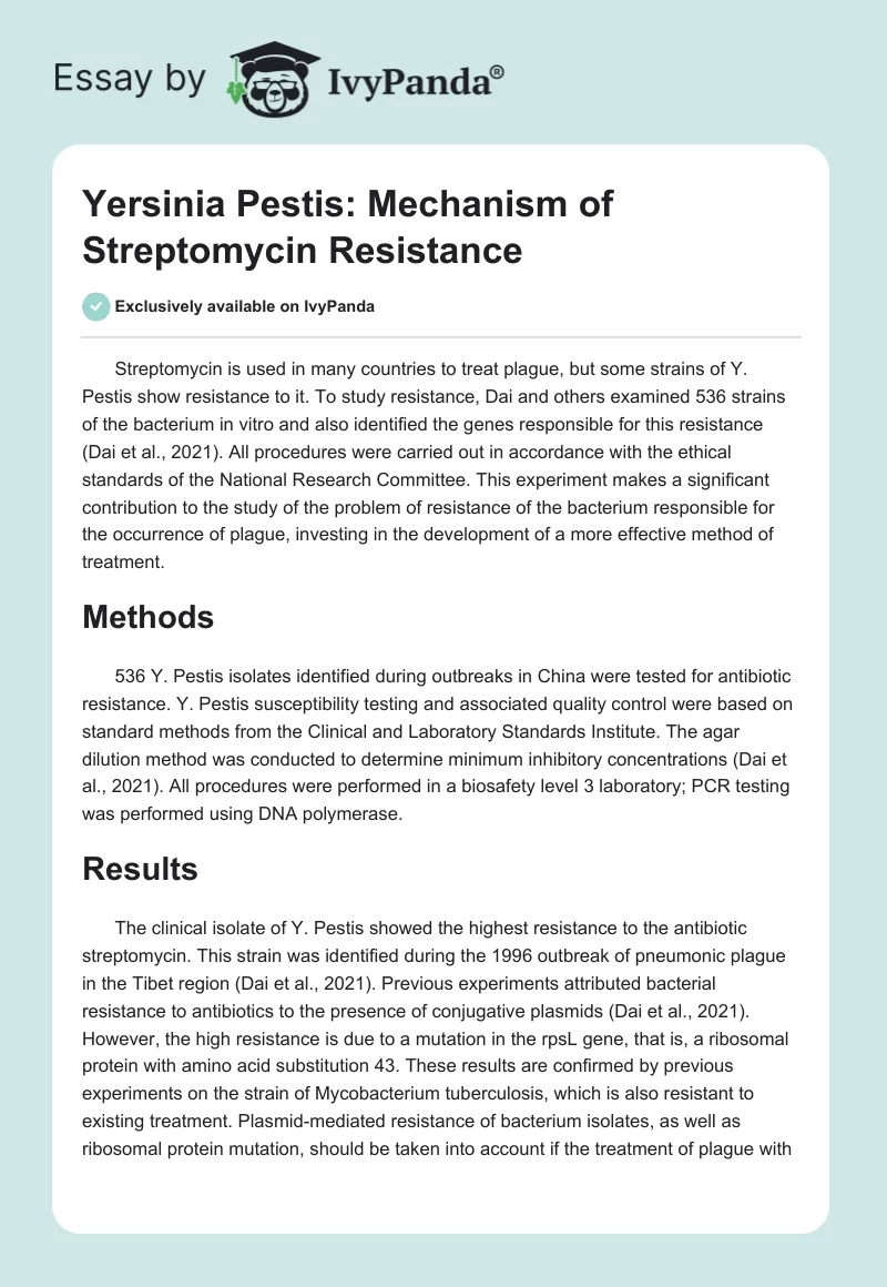 Yersinia Pestis: Mechanism of Streptomycin Resistance. Page 1