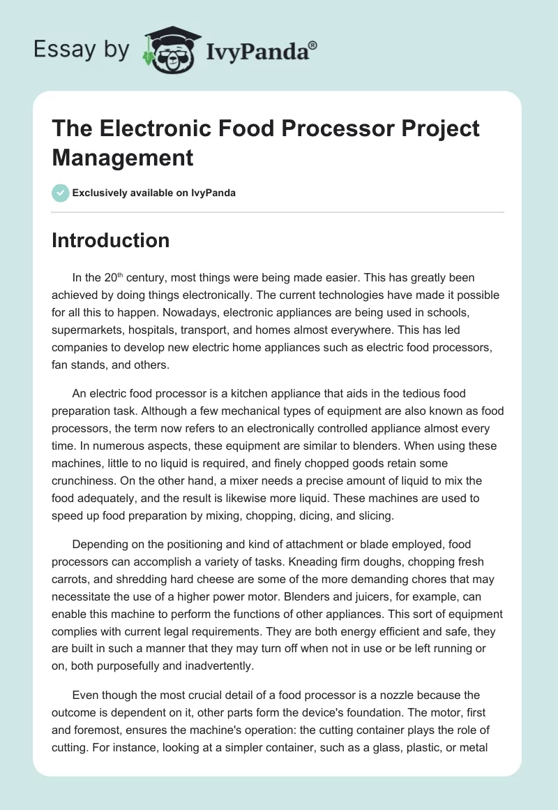 The Electronic Food Processor Project Management. Page 1