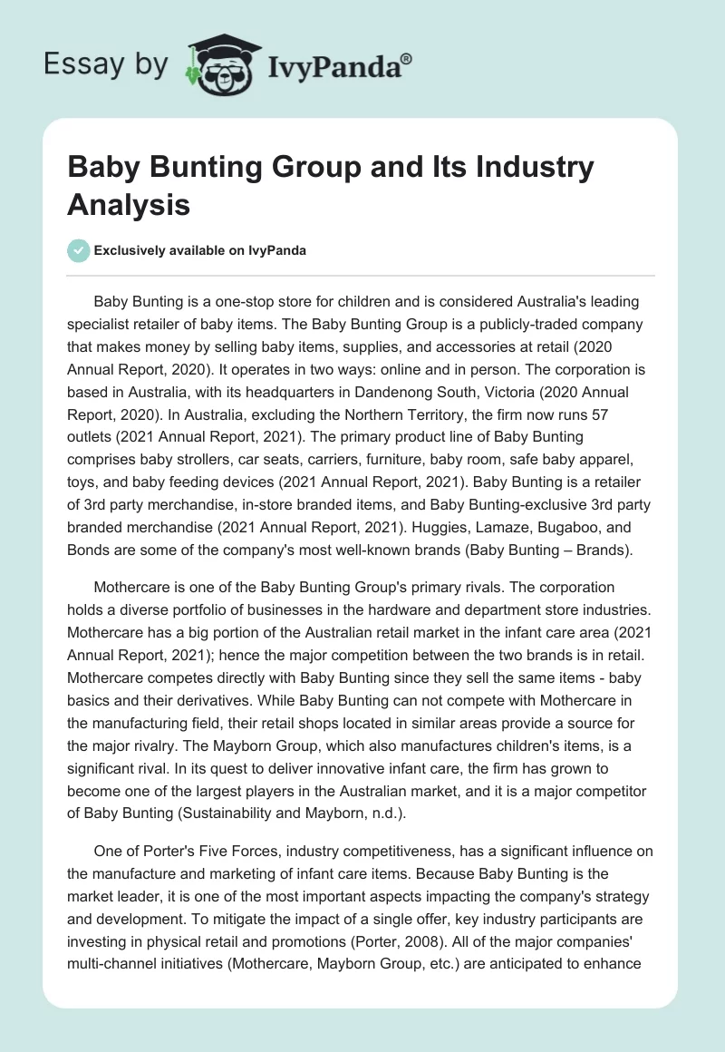 Baby Bunting Group and Its Industry Analysis. Page 1