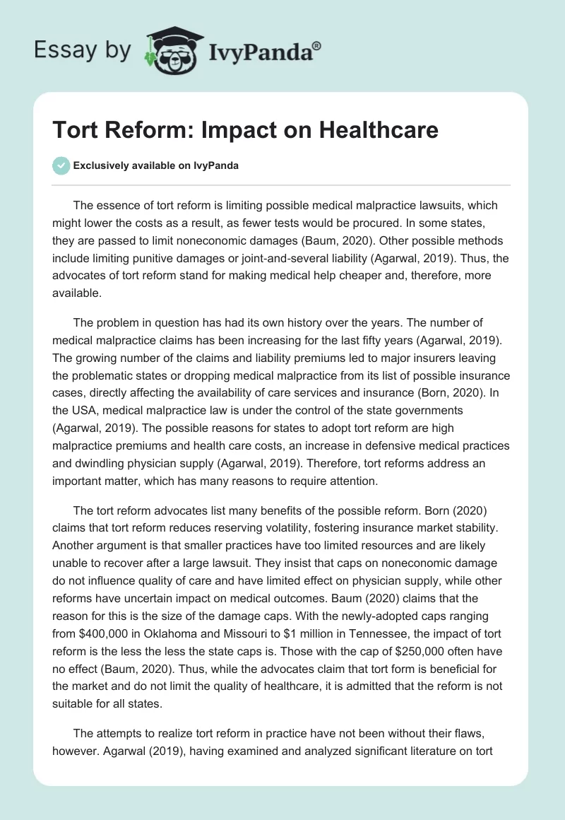 Tort Reform: Impact on Healthcare. Page 1