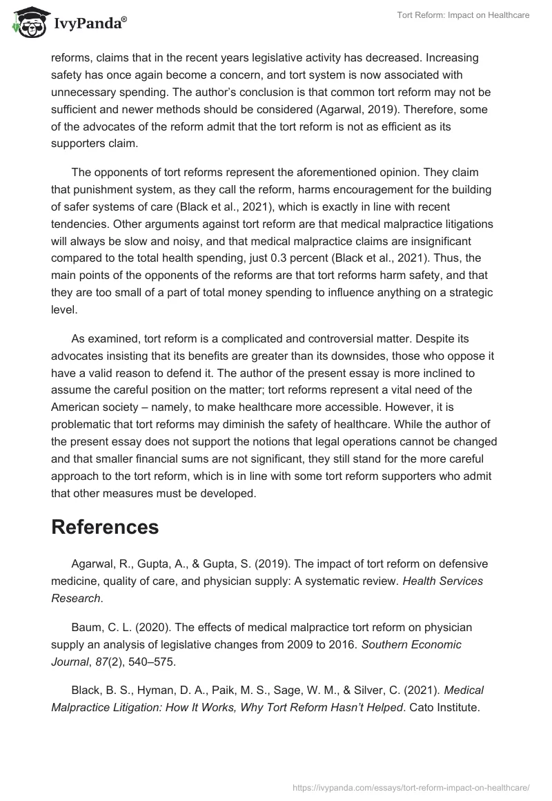 Tort Reform: Impact on Healthcare. Page 2