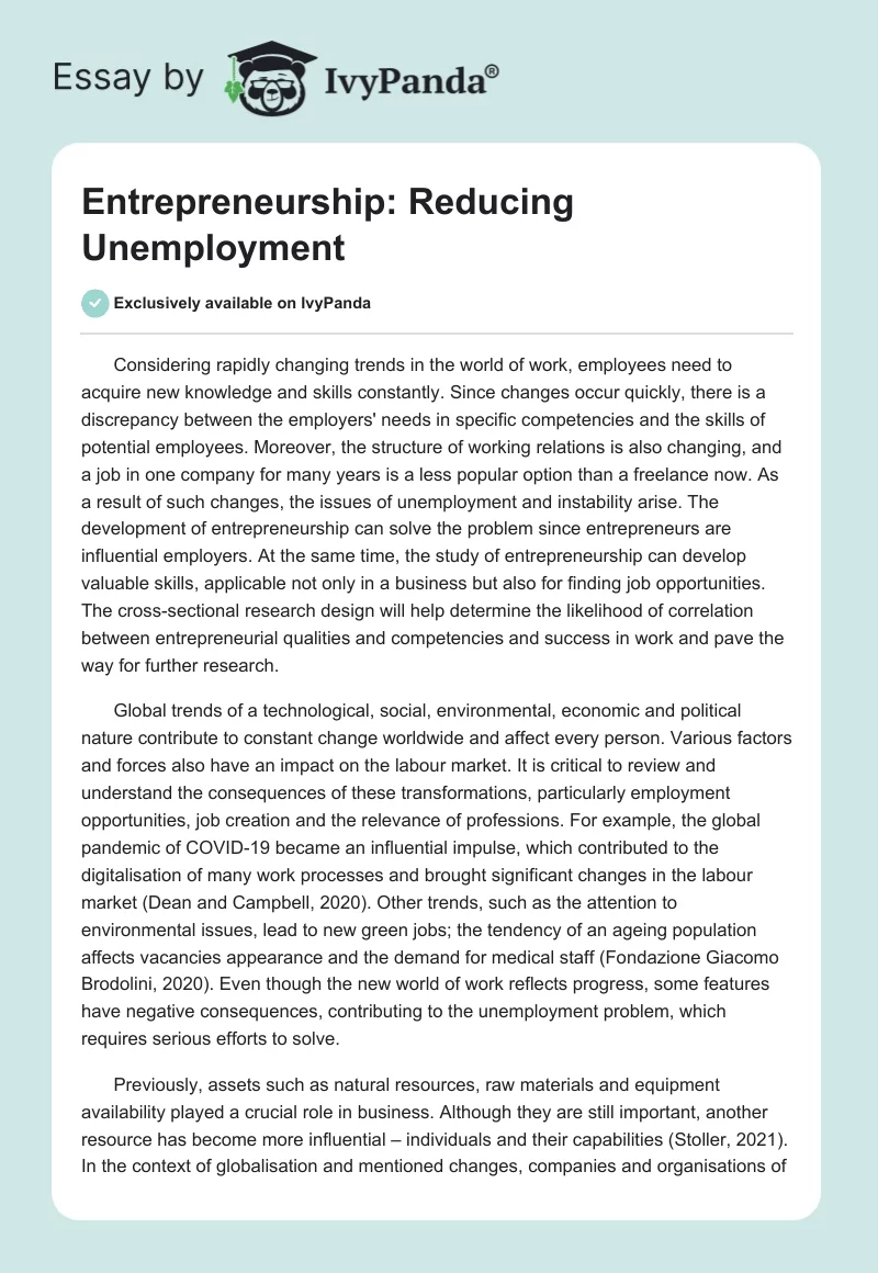 Entrepreneurship: Reducing Unemployment. Page 1