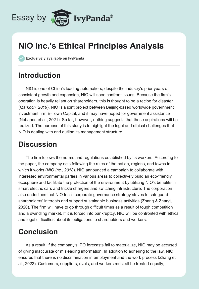 NIO Inc.'s Ethical Principles Analysis. Page 1