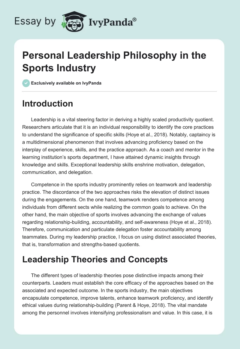 Personal Leadership Philosophy in the Sports Industry. Page 1