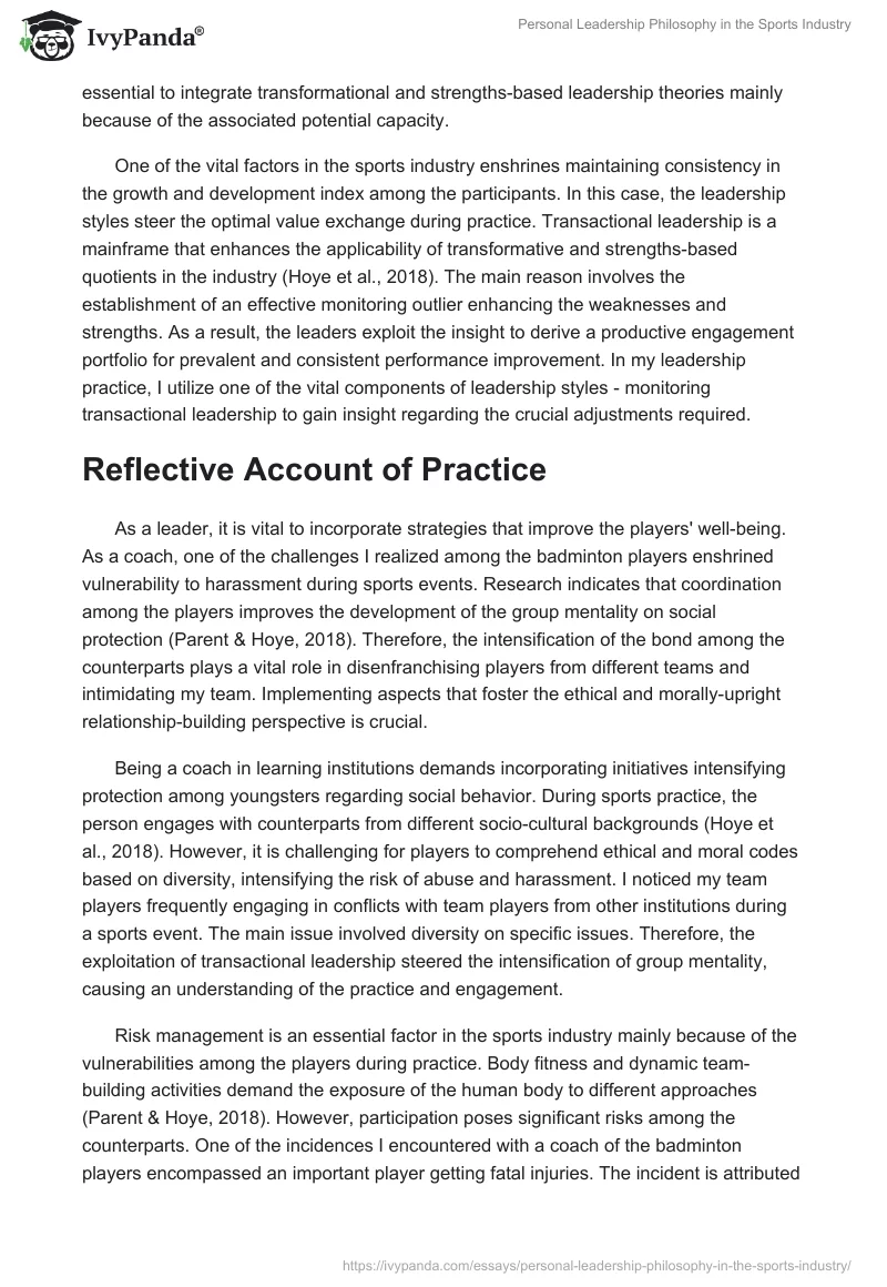 Personal Leadership Philosophy in the Sports Industry. Page 2