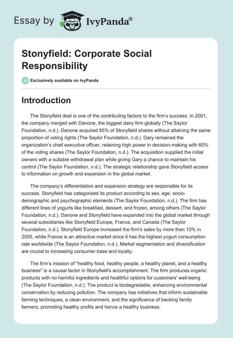 Stonyfield: Corporate Social Responsibility. Page 1