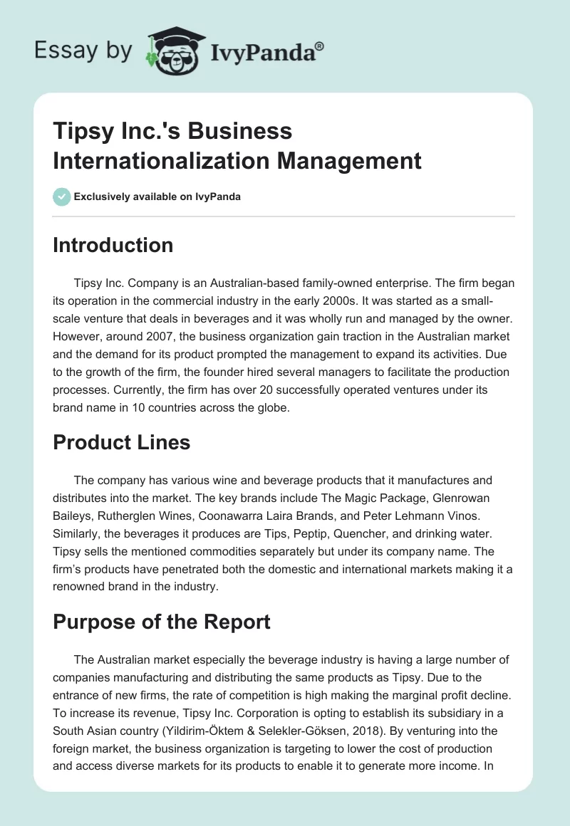 Tipsy Inc.'s Business Internationalization Management. Page 1