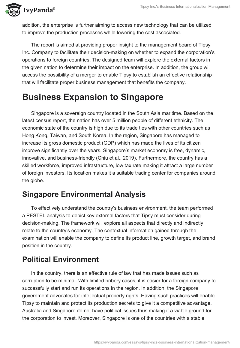 Tipsy Inc.'s Business Internationalization Management. Page 2