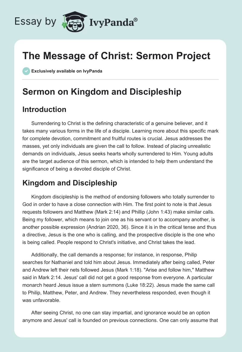 The Message of Christ: Sermon Project. Page 1