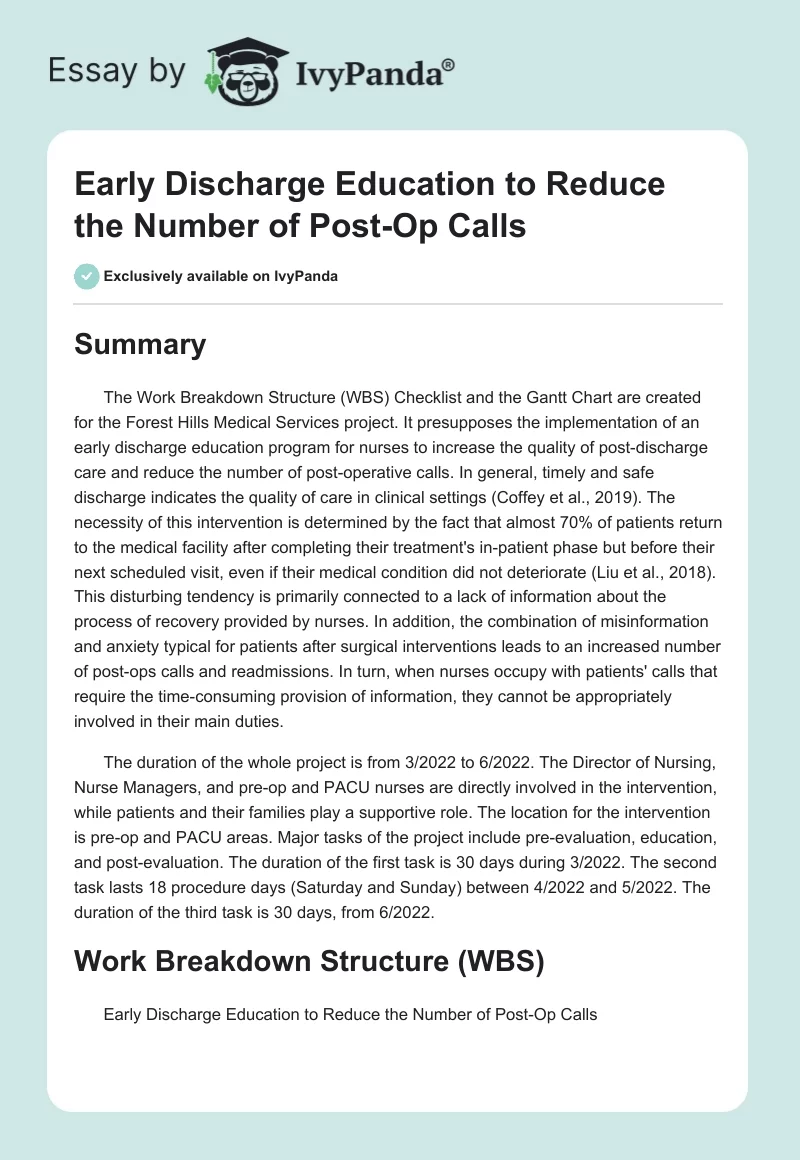 Early Discharge Education to Reduce the Number of Post-Op Calls. Page 1