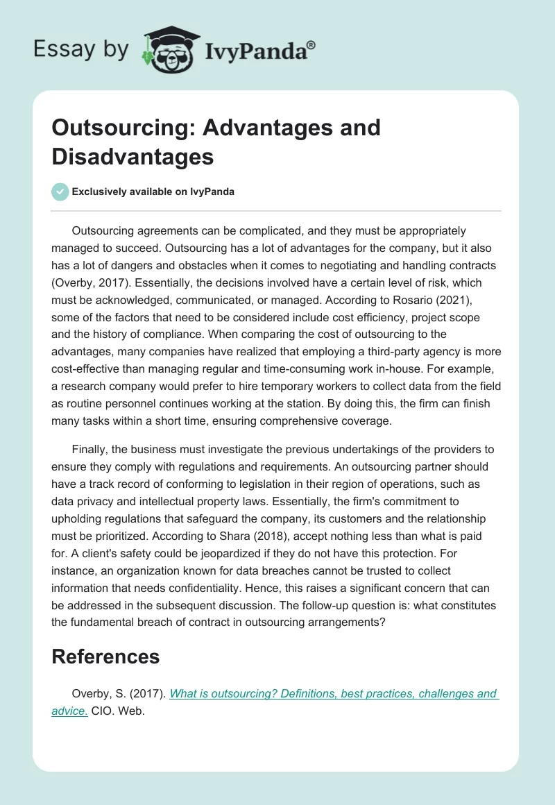 Outsourcing: Advantages and Disadvantages. Page 1