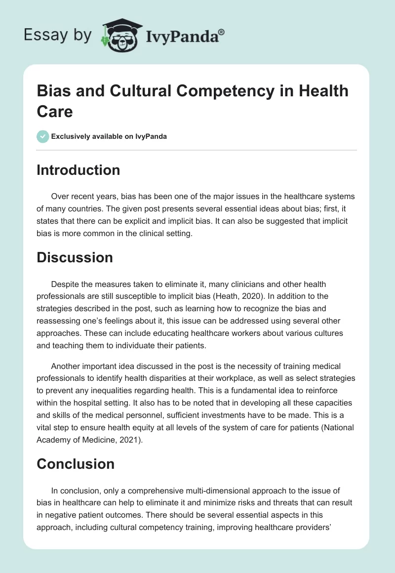 Bias and Cultural Competency in Health Care. Page 1